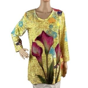 Serengeti Tunic Top Size S Yellow Floral Embellished